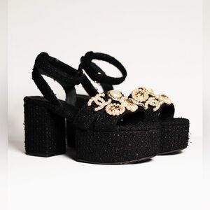 Chanel Black Tweed & Metal SS25 Embellished CC Logo Platform Block Heel 39